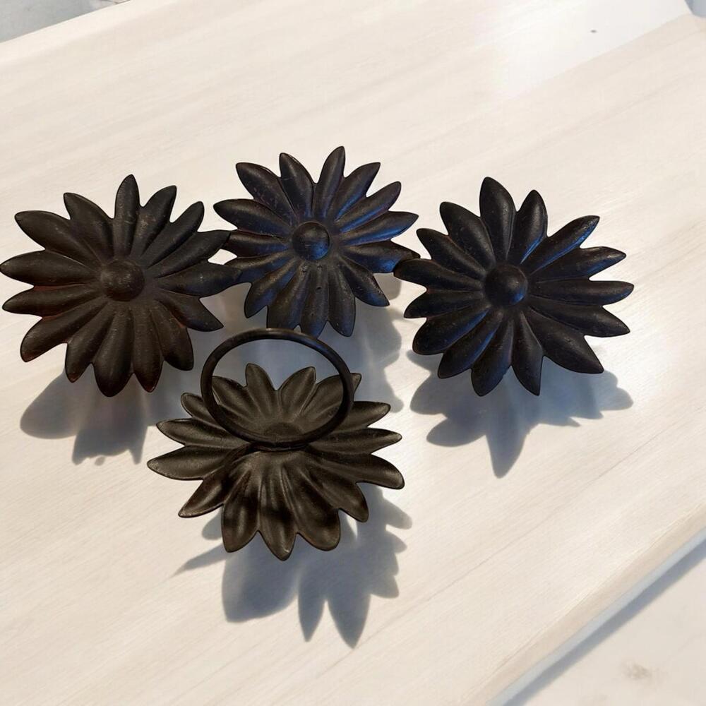Vintage Bronze Daisy Metal Napkin Rings Set of 4 • Flower Table Decor